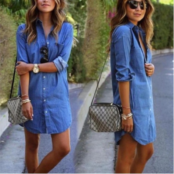 Denim Blue Mini Shirt Dress - Picture 2 of 9